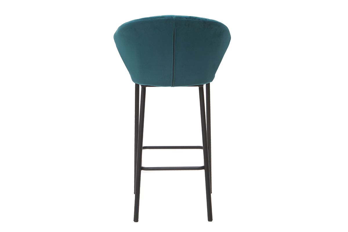 Tabouret de bar design en tissu velours gaufr bleu ptrole et mtal noir H68 cm DALLY