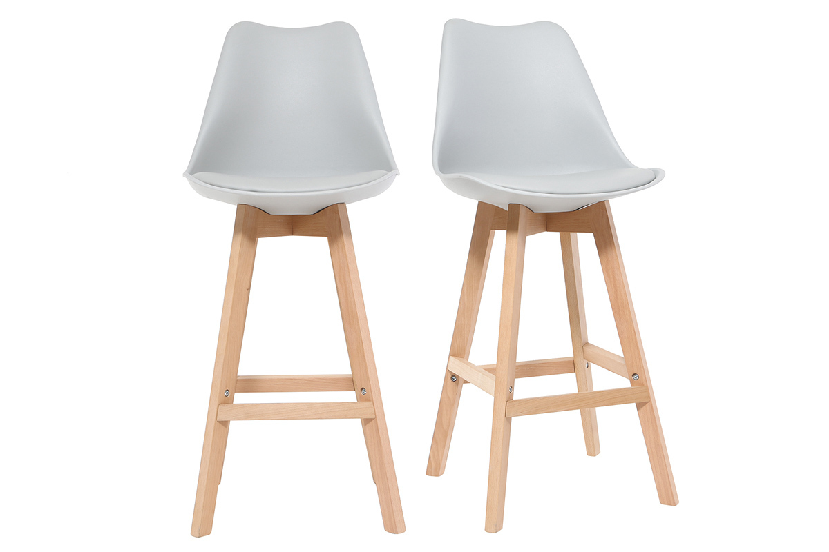 Tabouret de bar design gris clair et bois 75cm (lot de 2) PAULINE