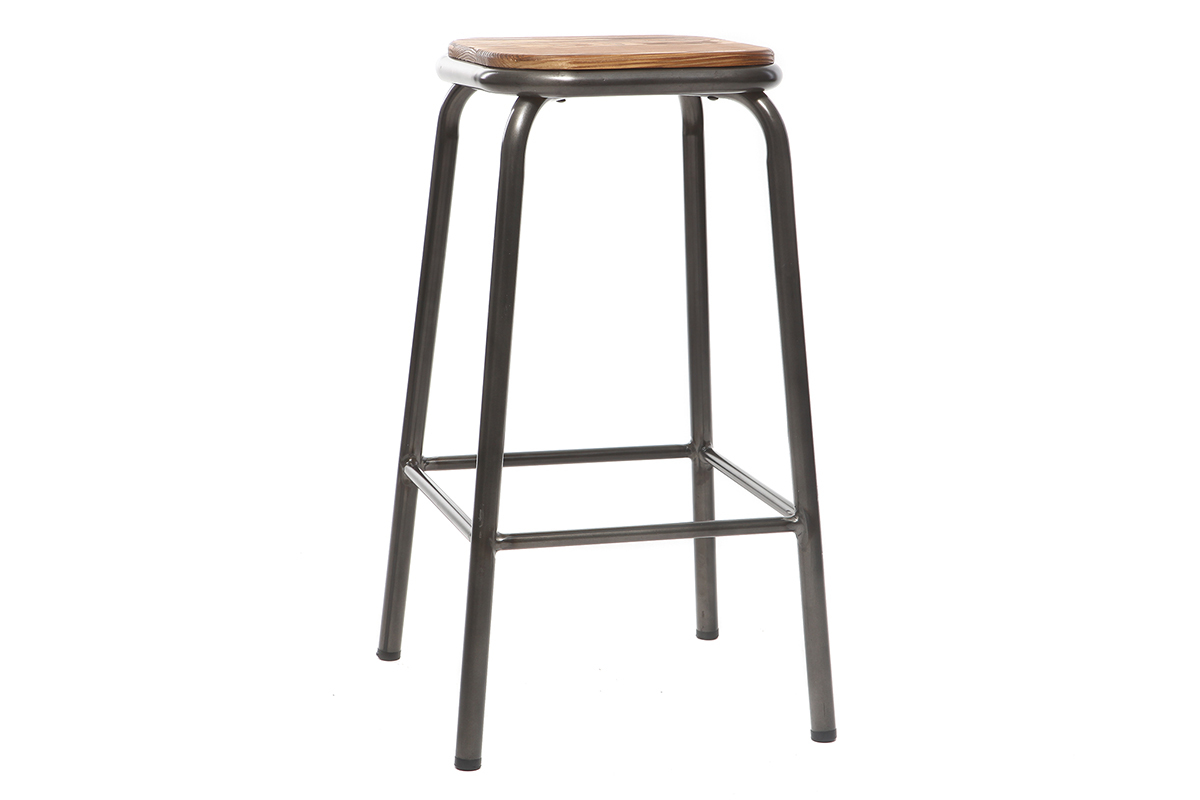 Tabouret de bar design inox et bois fonc� H65 cm (lot de 2) MEMPHIS