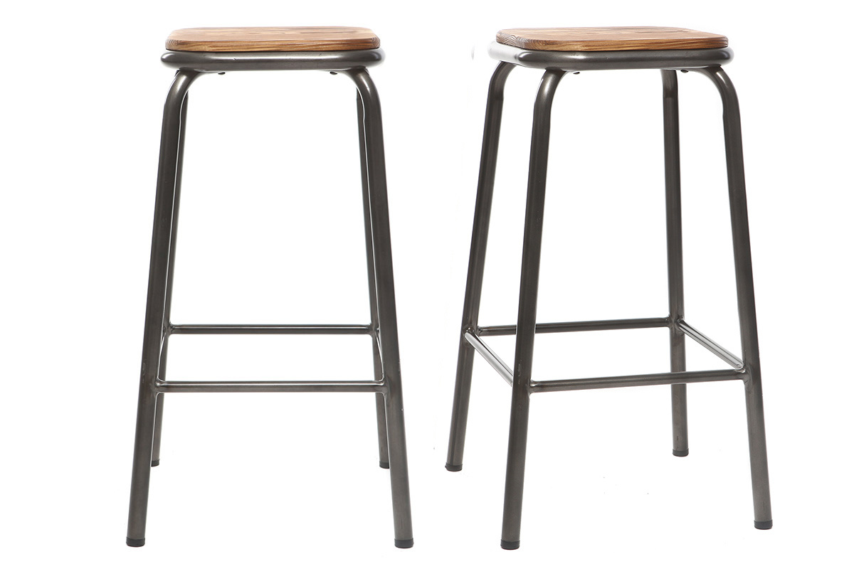 Tabouret de bar design inox et bois fonc� H65 cm (lot de 2) MEMPHIS