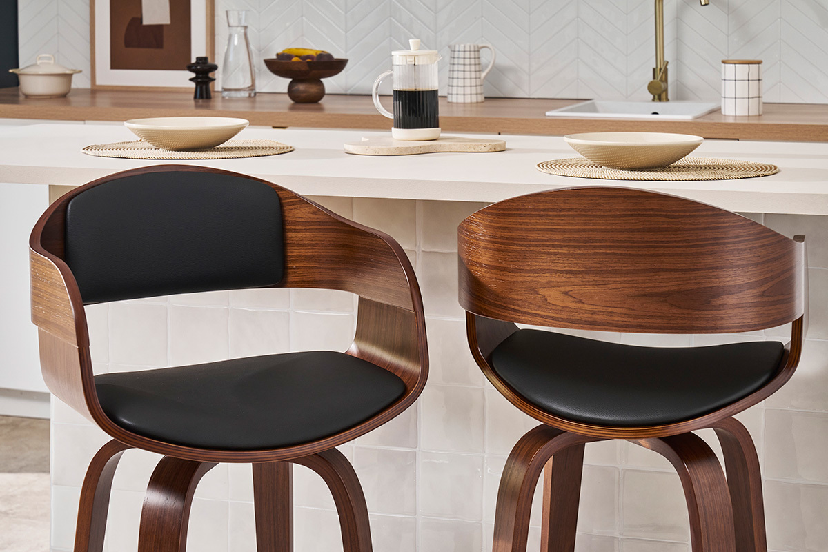 Tabouret de bar design noir et bois fonc noyer H65 cm pivotant 360 GAO