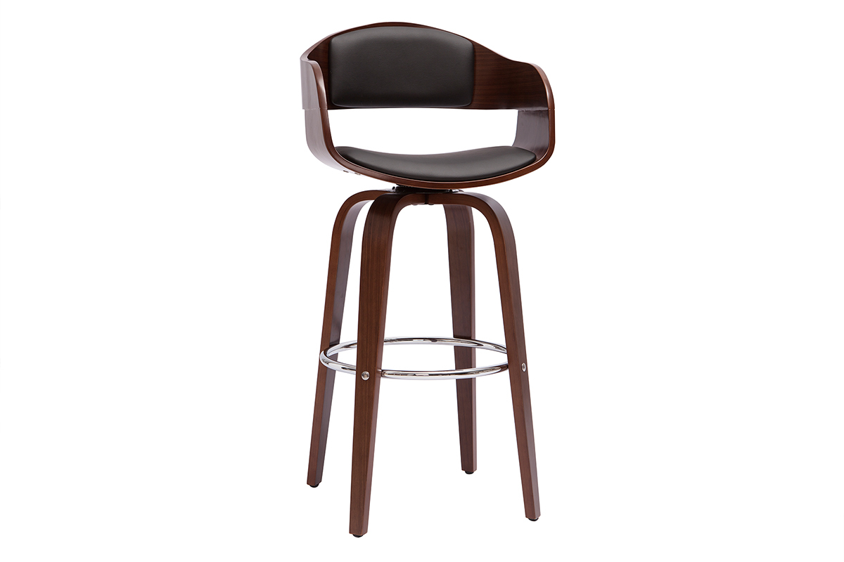Tabouret de bar design noir et bois foncé noyer H65 cm pivotant 360° GAO