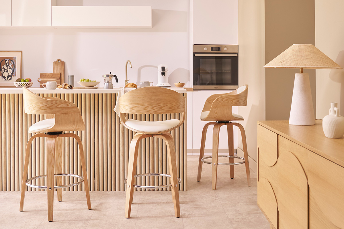 Tabouret de bar design pivotant blanc et bois clair H65 cm GAO