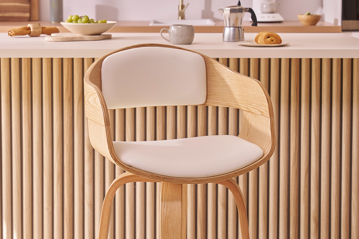 Tabouret de bar design pivotant blanc et bois clair H65 cm GAO