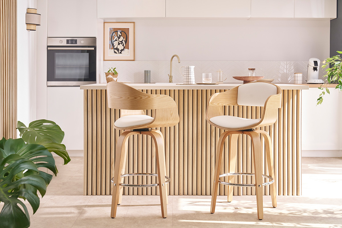 Tabouret de bar design pivotant blanc et bois clair H65 cm GAO