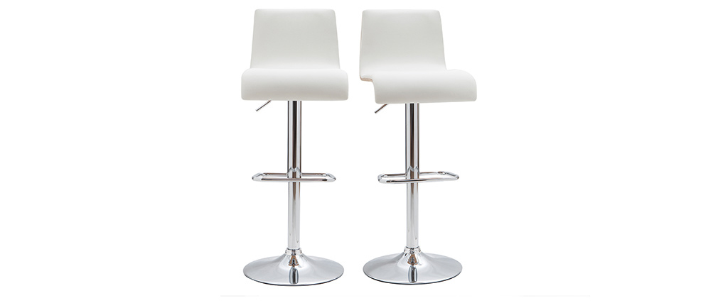 Tabouret de bar design r�glable blanc et bois clair (lot de 2) DELICACY