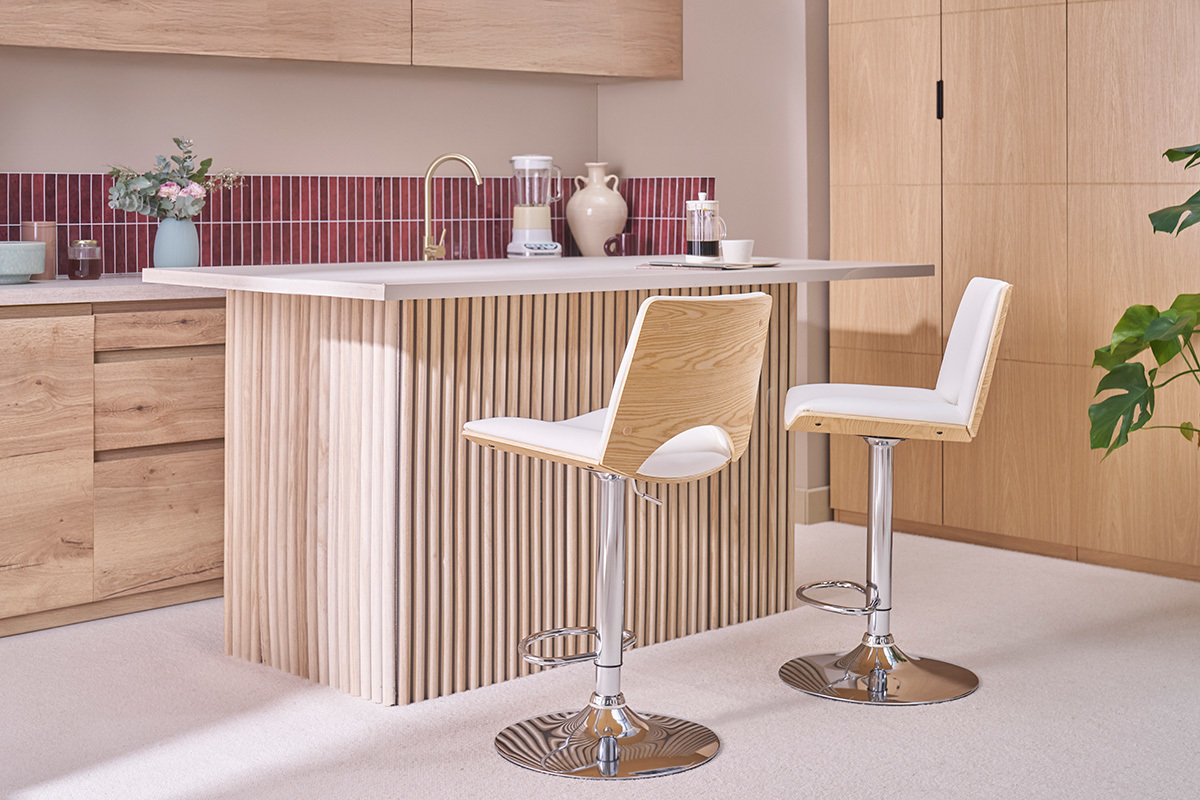 Tabouret de bar design r�glable blanc et bois clair PANACH