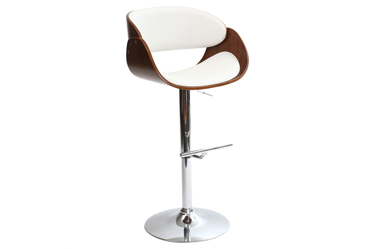 Tabouret de bar design r�glable blanc et bois fonc� BENT