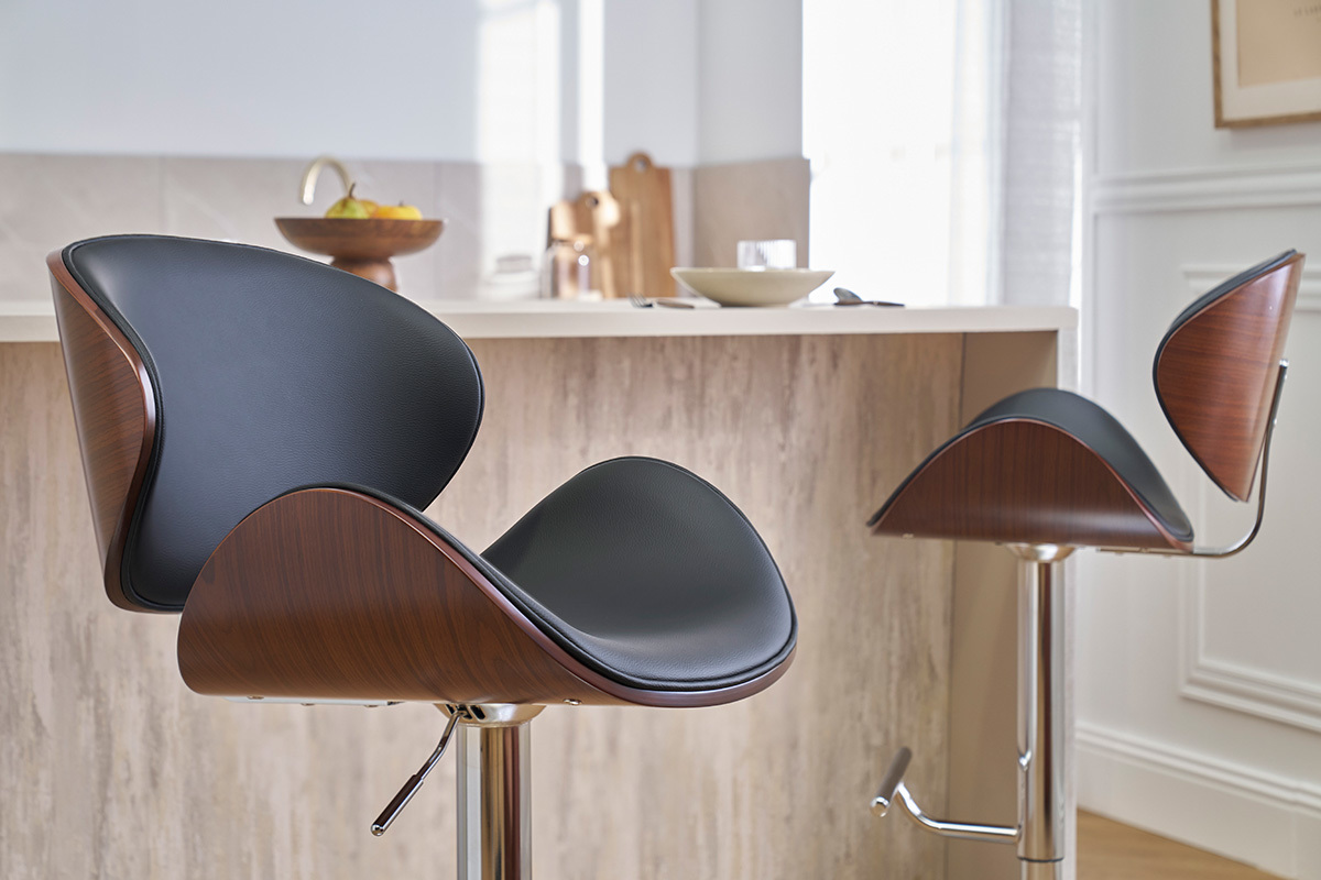 Tabouret de bar design r�glable noir, bois fonc� et m�tal chrom� WALNUT