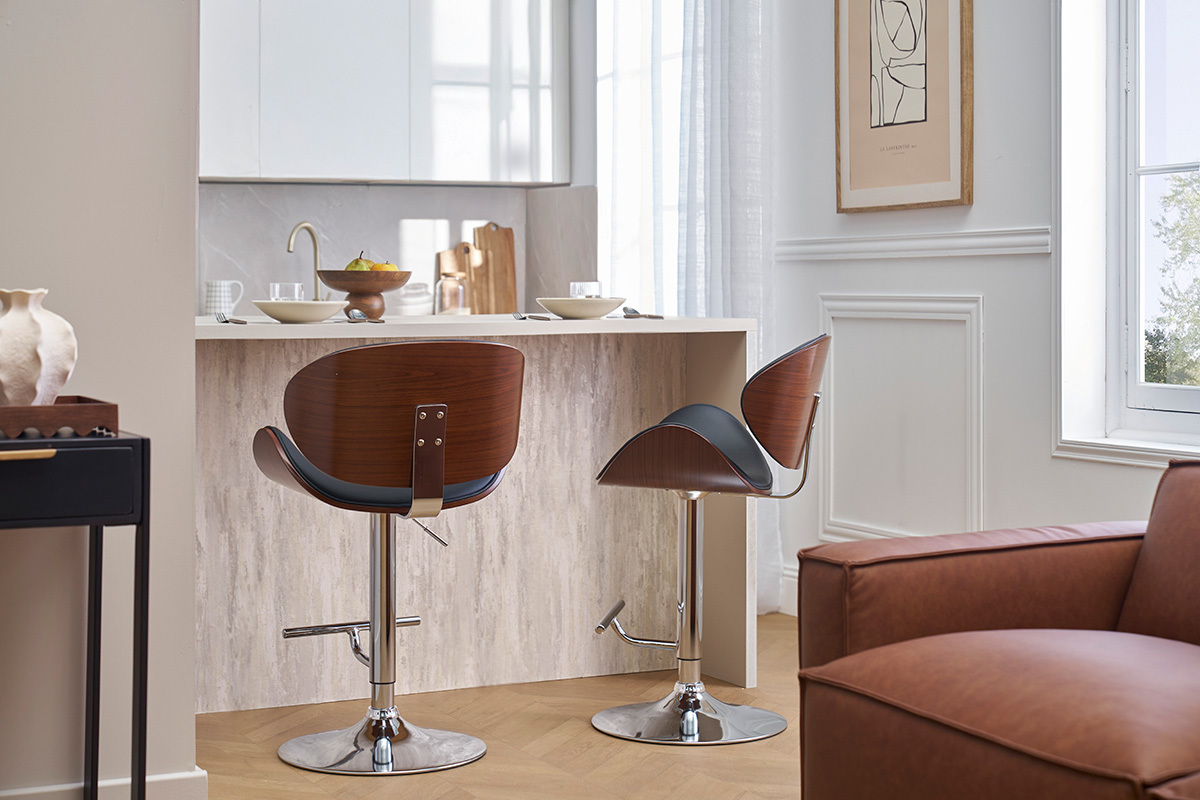 Tabouret de bar design r�glable noir, bois fonc� et m�tal chrom� WALNUT