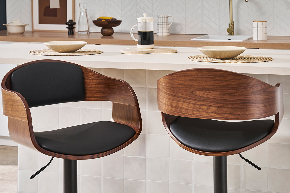 Tabouret de bar design rglable noir et bois fonc EUSTACHE
