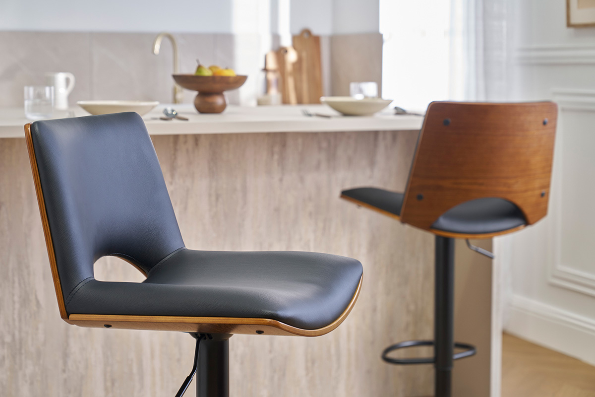 Tabouret de bar design rglable noir et bois fonc PANACH