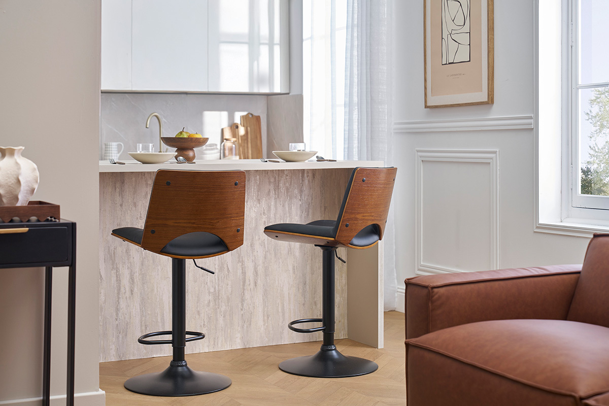 Tabouret de bar design rglable noir et bois fonc PANACH