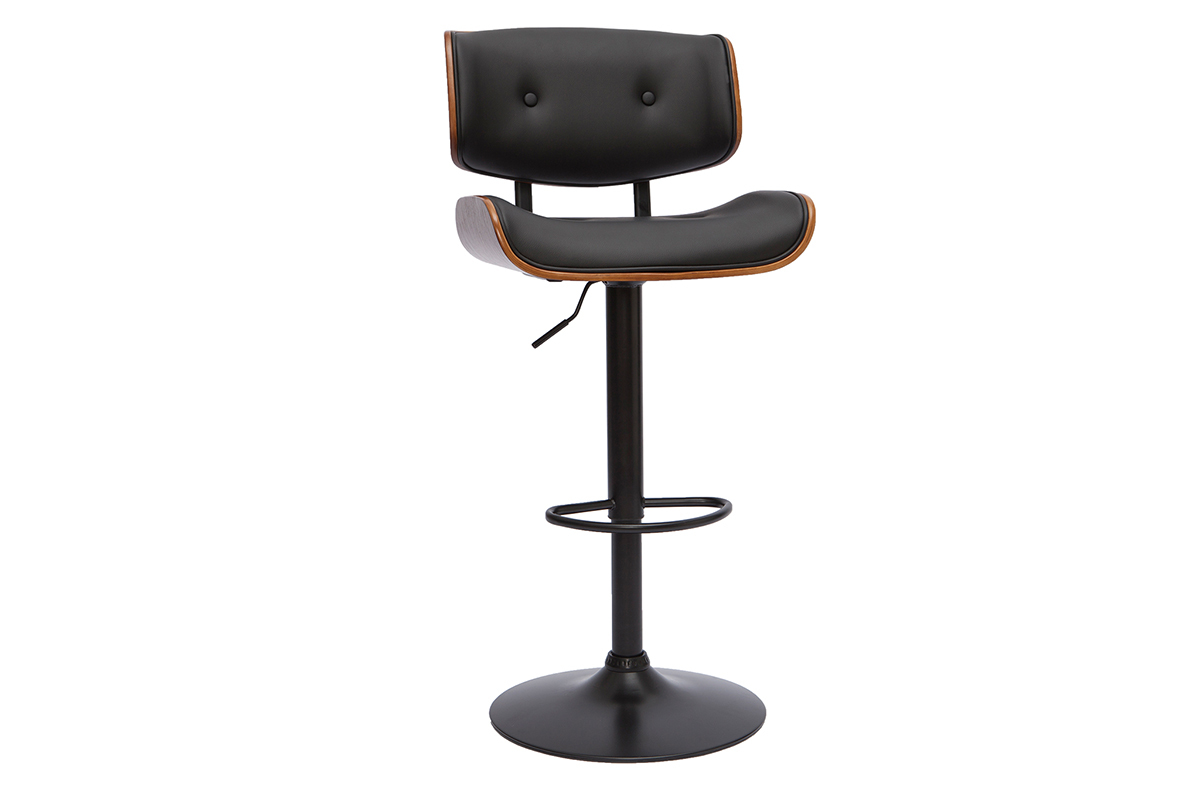 Tabouret de bar design réglable pivotant 360° noir et bois foncé BASILE
