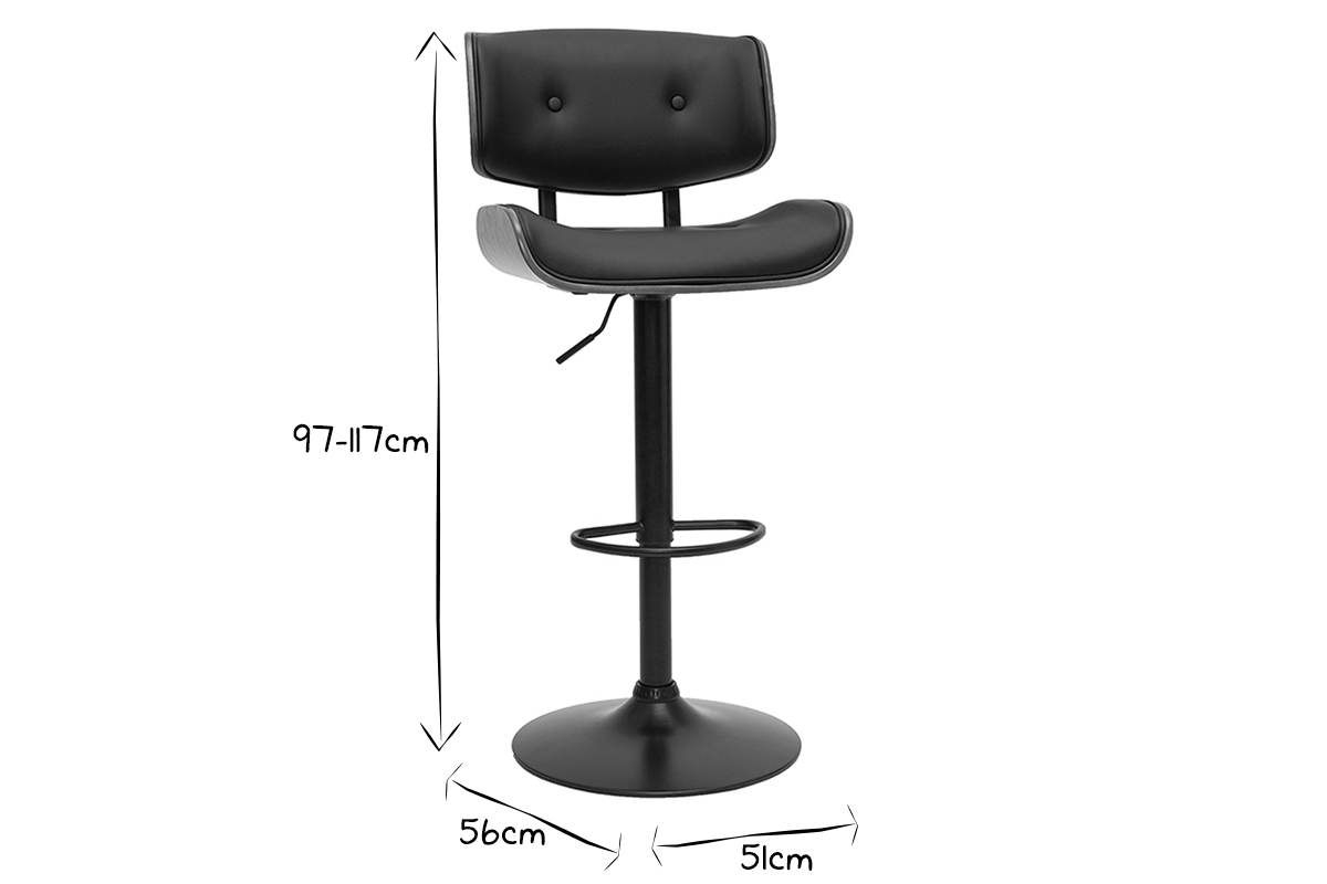 Tabouret de bar design réglable pivotant 360° noir et bois foncé BASILE