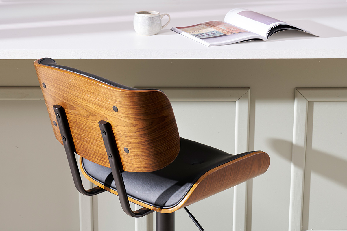 Tabouret de bar design réglable pivotant 360° noir et bois foncé BASILE