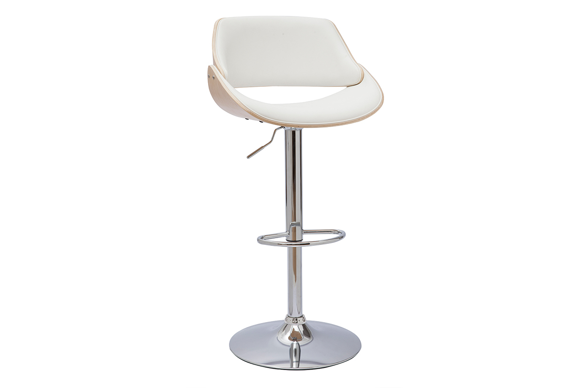 Tabouret de bar design r�glable pivotant 360� blanc et bois clair CLASH