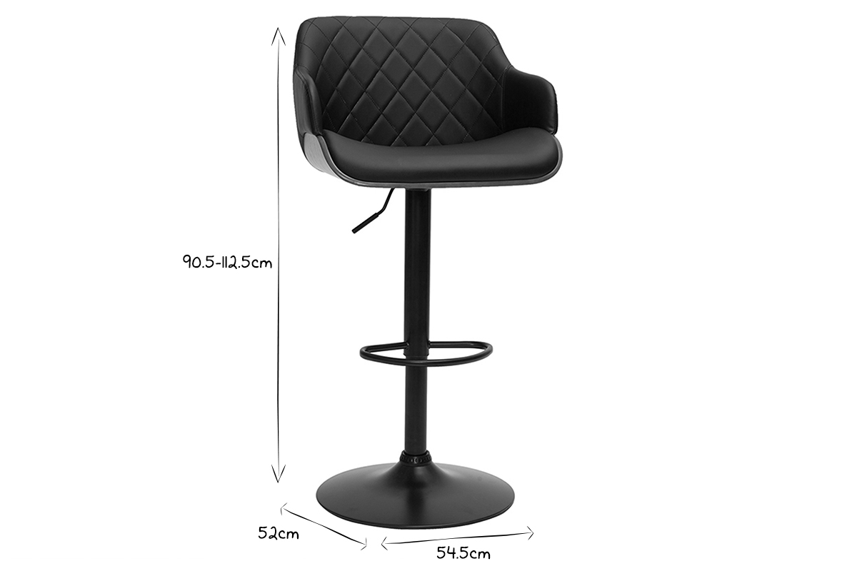 Tabouret de bar design r�glable pivotant 360� noir et bois fonc� LUCIEN