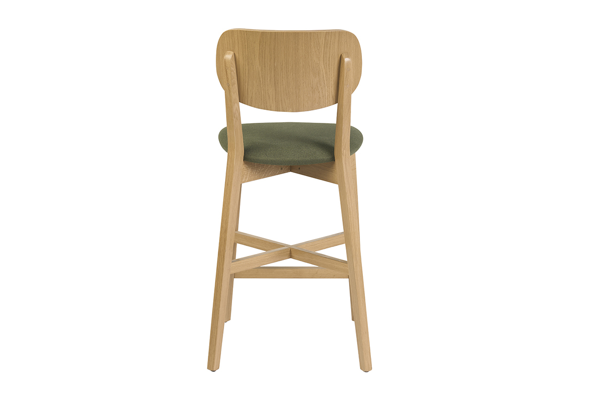 Tabouret de bar en bois clair ch�ne et tissu effet velours textur� vert kaki H65 cm LUCIA