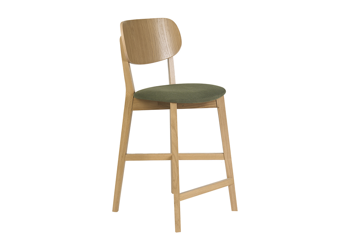 Tabouret de bar en bois clair ch�ne et tissu effet velours textur� vert kaki H65 cm LUCIA
