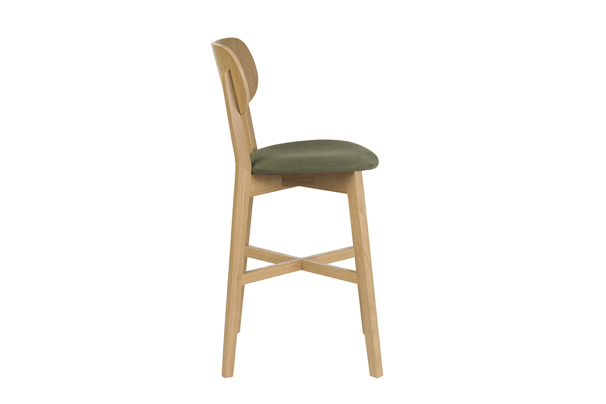 Tabouret de bar en bois clair ch�ne et tissu effet velours textur� vert kaki H65 cm LUCIA