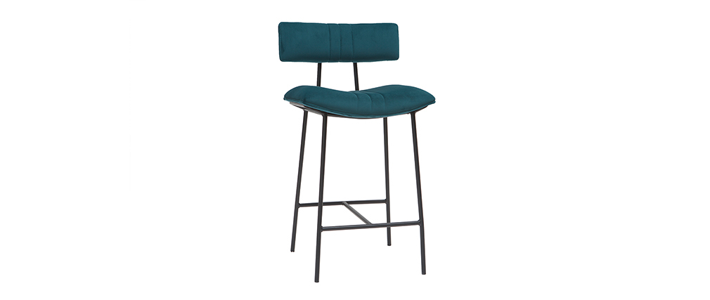 Tabouret de bar en velours bleu p�trole et m�tal H65 cm GOTHAM