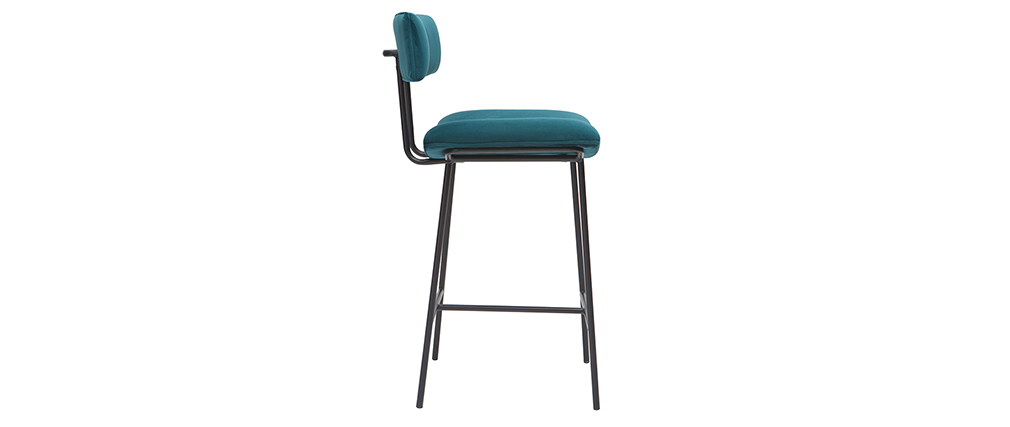 Tabouret de bar en velours bleu p�trole et m�tal H65 cm GOTHAM