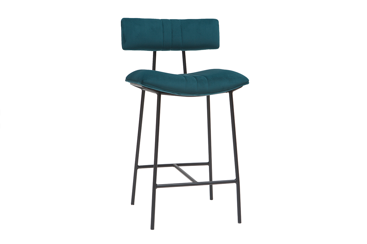 Tabouret de bar en velours bleu ptrole et mtal H65 cm GOTHAM