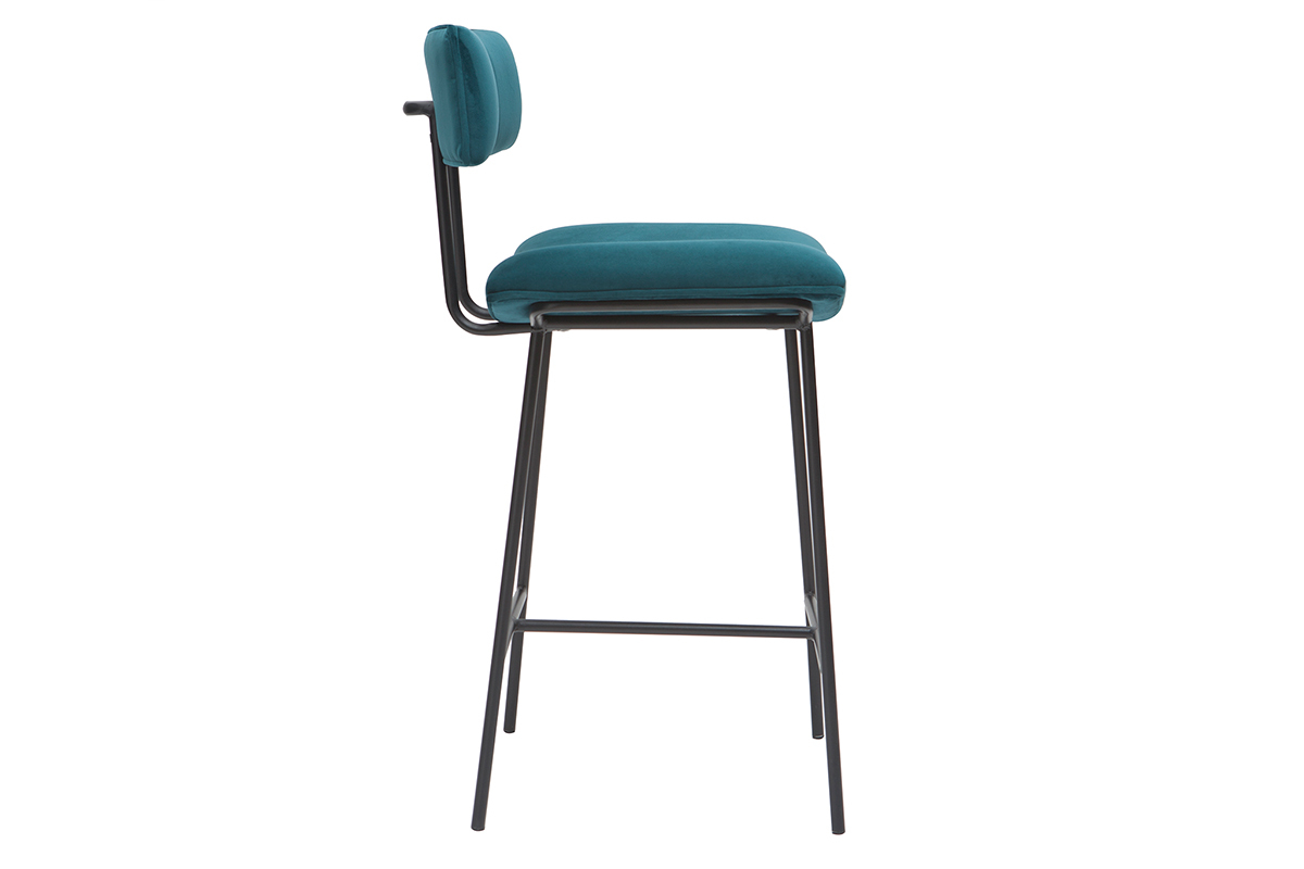 Tabouret de bar en velours bleu ptrole et mtal H65 cm GOTHAM