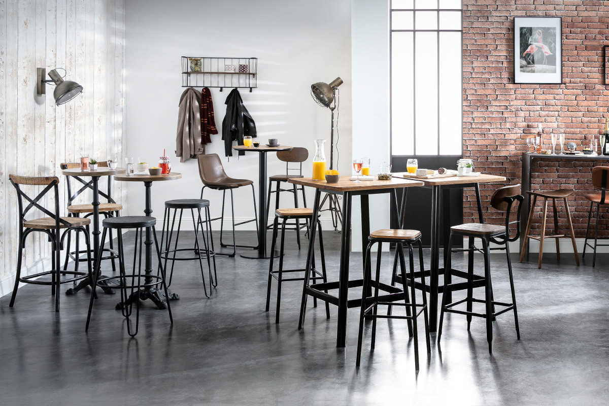 Tabouret de bar industriel en bois et m�tal noir 65 cm JAKE