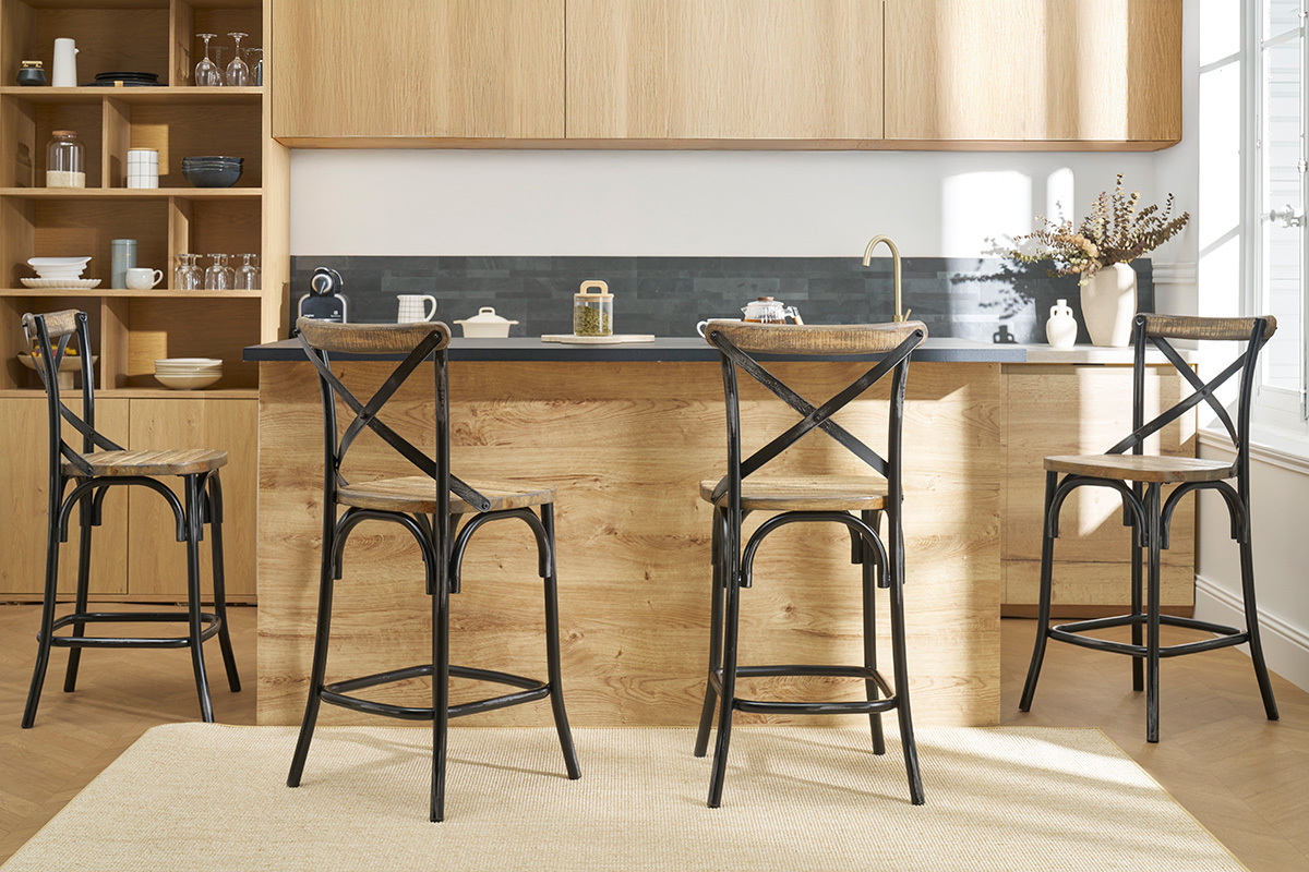 Tabouret de bar industriel en bois et m�tal noir 65 cm JAKE