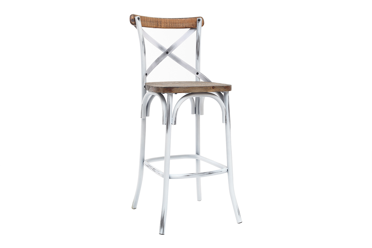 Tabouret de bar industriel en bois et mtal vieilli blanc 75 cm JAKE