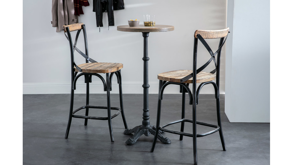 Tabouret de bar industriel en bois et mtal vieilli noir 65 cm JAKE