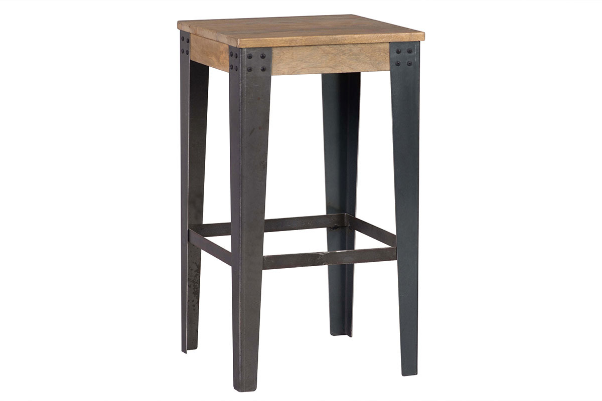 Tabouret de bar industriel mtal et bois manguier massif  MADISON