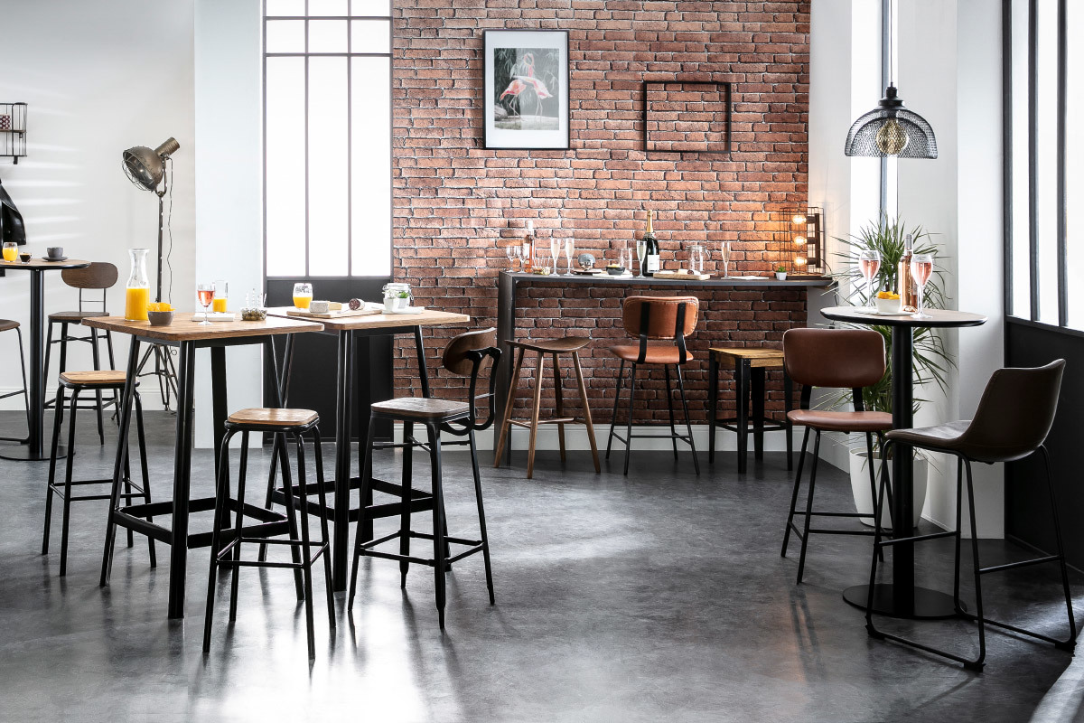 Tabouret de bar industriel mtal et bois manguier massif  MADISON
