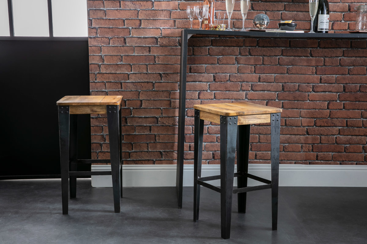 Tabouret de bar industriel mtal et bois manguier massif  MADISON
