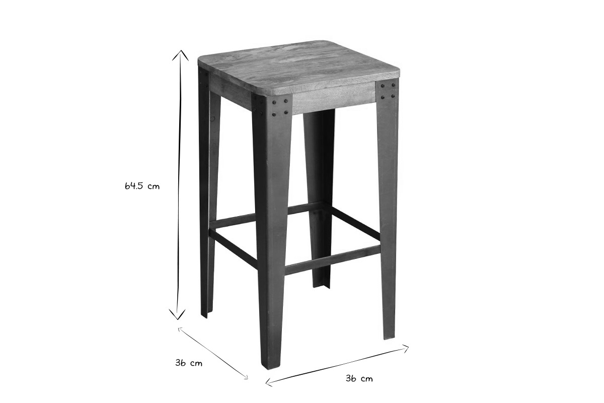 Tabouret de bar industriel mtal et bois manguier massif  MADISON