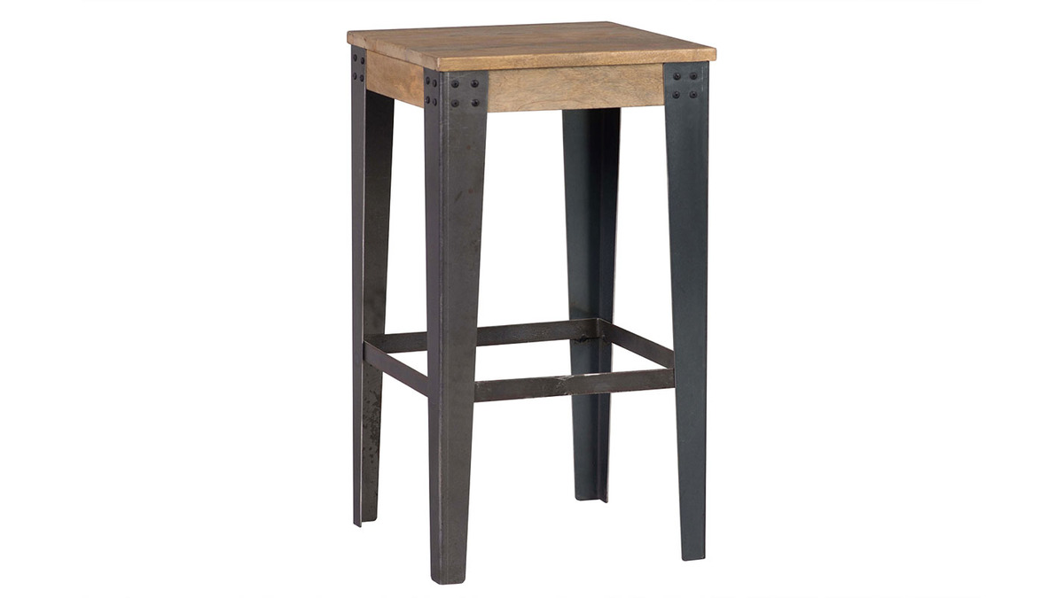 Tabouret de bar industriel mtal et manguier massif H65 cm MADISON