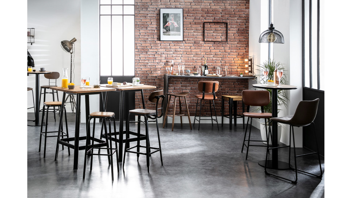 Tabouret de bar industriel mtal et manguier massif H65 cm MADISON
