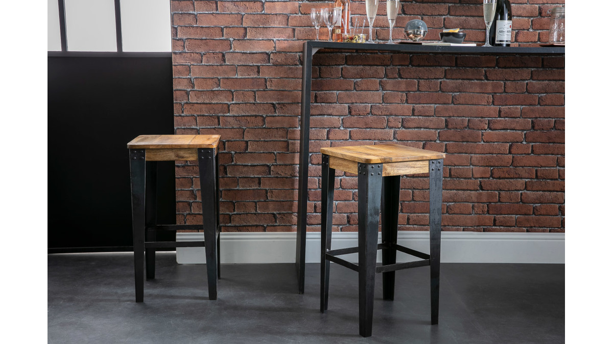 Tabouret de bar industriel mtal et manguier massif H65 cm MADISON