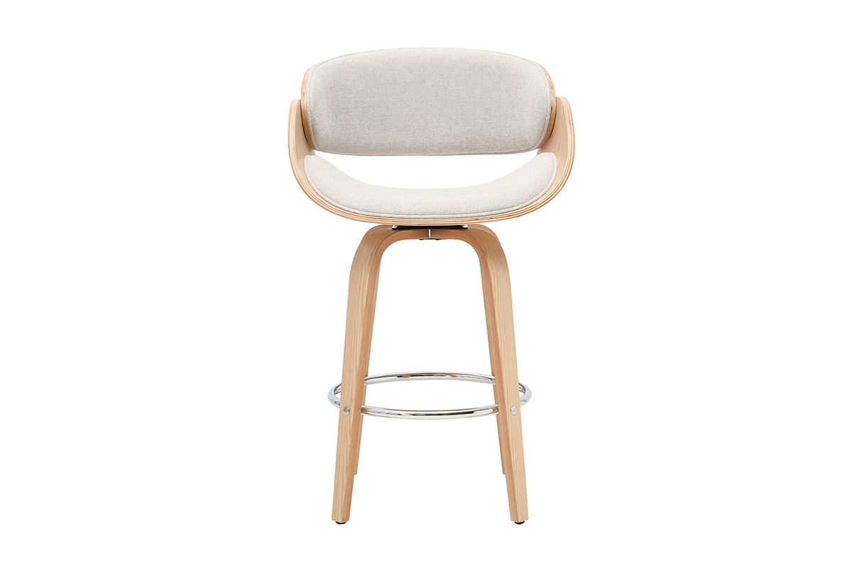 Tabouret de bar pivotant en tissu effet velours textur� beige et bois clair H69 cm BENT