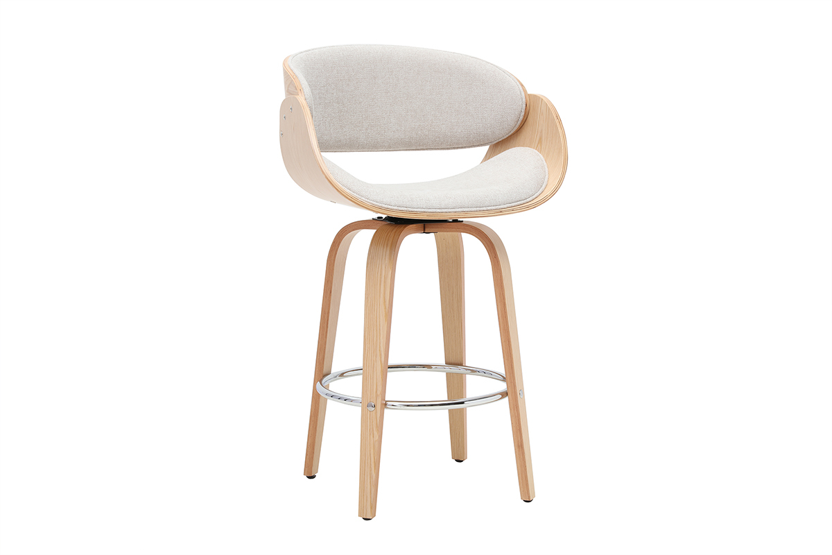 Tabouret de bar pivotant en tissu effet velours textur� beige et bois clair H69 cm BENT