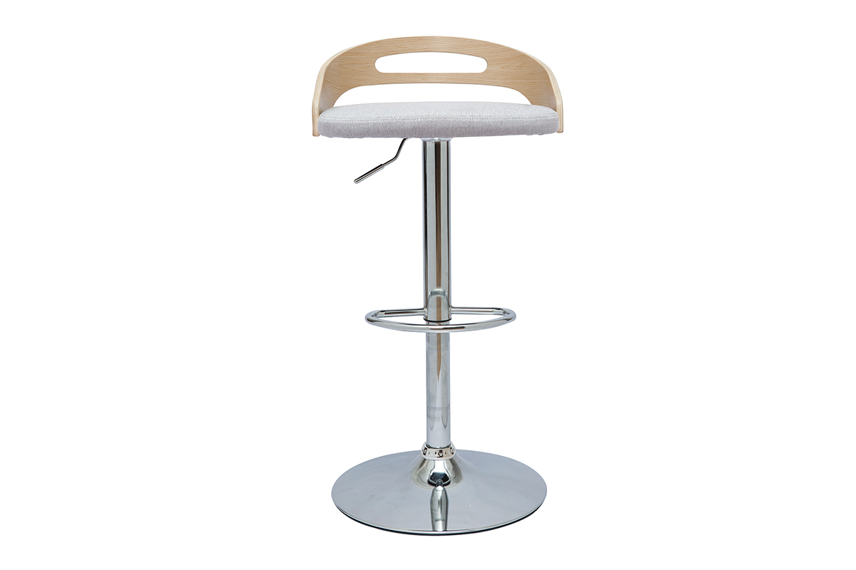 Tabouret de bar rglable design bois clair et tissu gris clair MANO