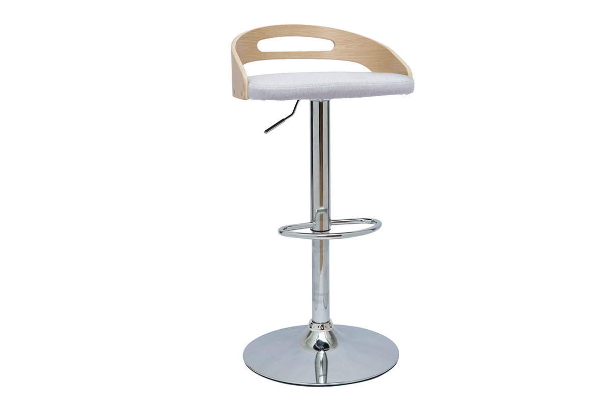 Tabouret de bar rglable design bois clair et tissu gris clair MANO