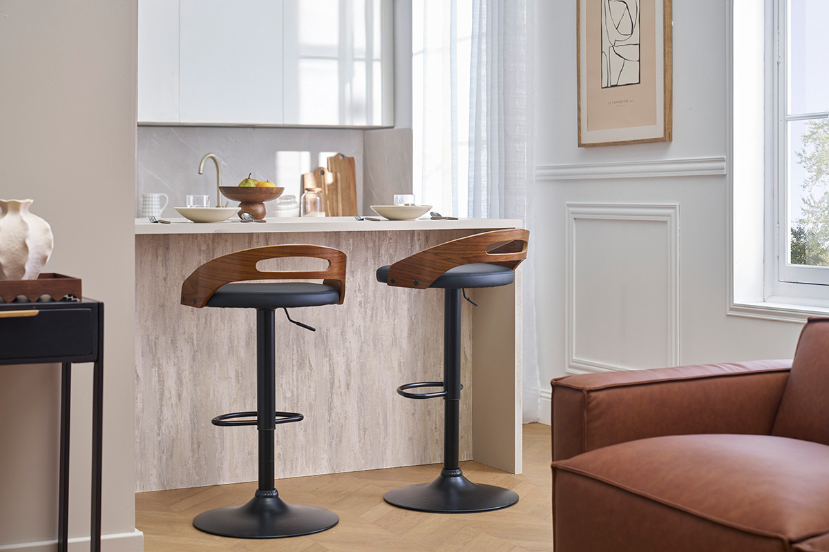 Tabouret de bar r�glable design noir et bois noyer MANO