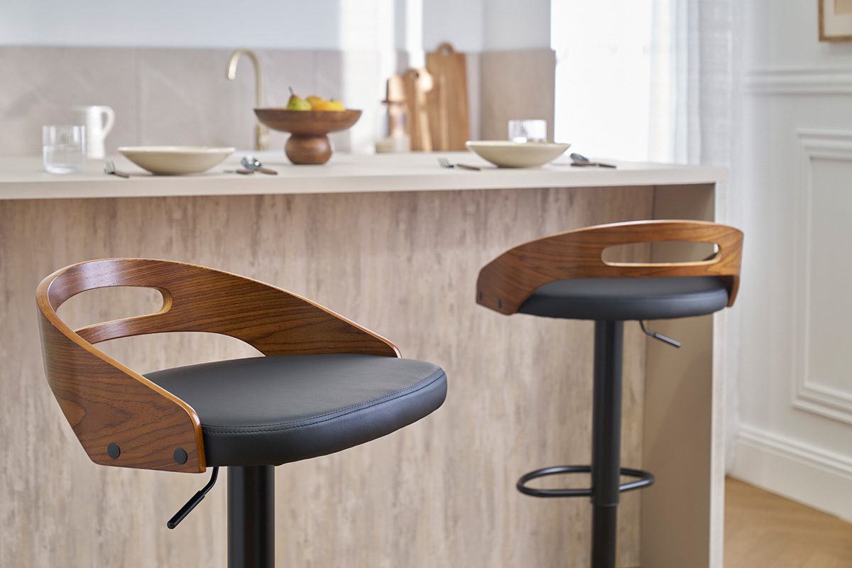 Tabouret de bar r�glable design noir et bois noyer MANO