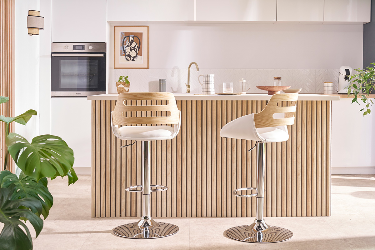 Tabouret de bar relevable design blanc et chne PERNIK