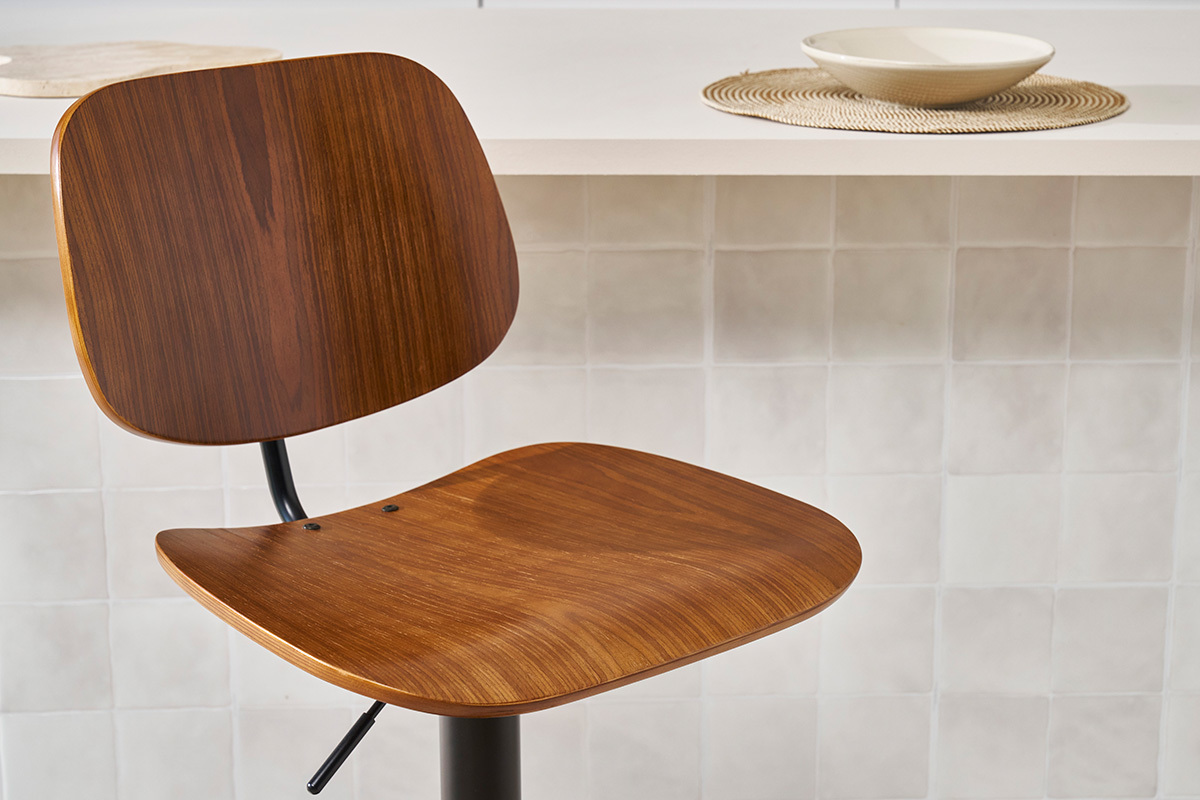 Tabouret de bar relevable noyer et mtal noir TOBIAS