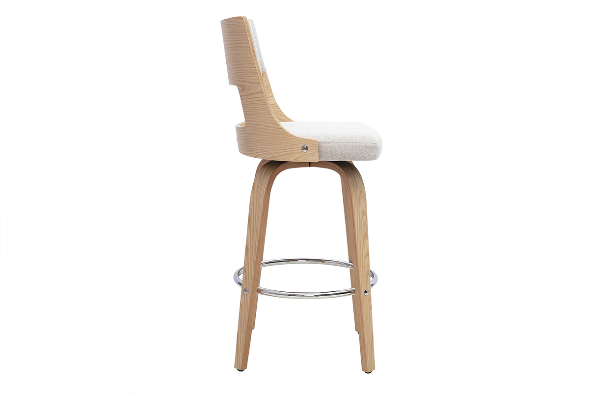 Tabouret de bar scandinave pivotant en tissu effet velours textur� beige et bois clair H69 cm GARBO