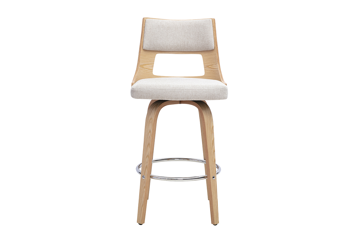 Tabouret de bar scandinave pivotant en tissu effet velours textur� beige et bois clair H69 cm GARBO